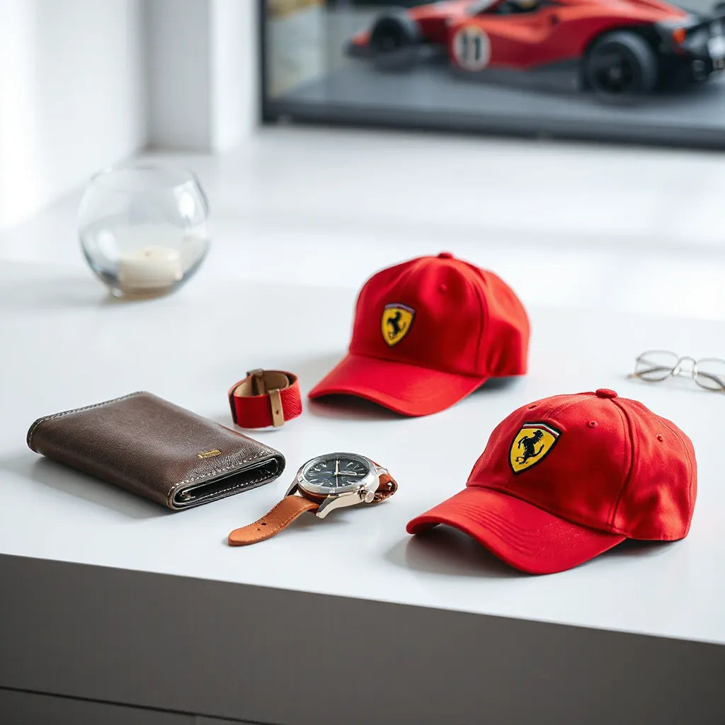 Curated luxury items in deep red, styled for a Ferrari-inspired look on a clean modern backdrop