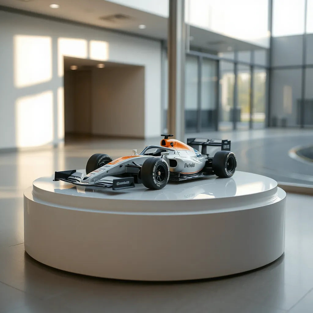 Minimal display of a Formula 1 inspired model car on a pedestal with soft track-like background