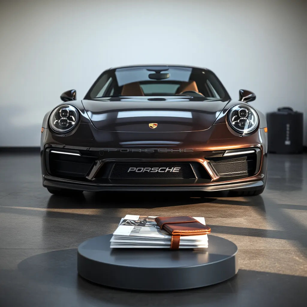 Glossy Porsche sports car in a minimalist studio with premium accessories on a small pedestal