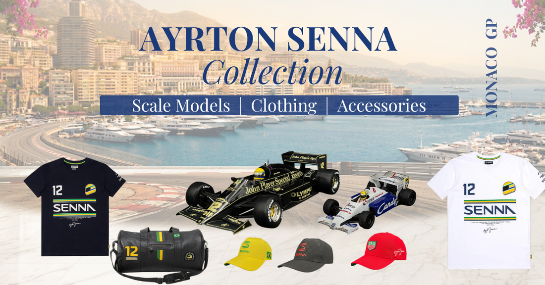 Ayrton Senna Collection 2026 — Lotus 97T and Toleman scale models, weekender bag, caps and t-shirts displayed against Monaco Grand Prix circuit