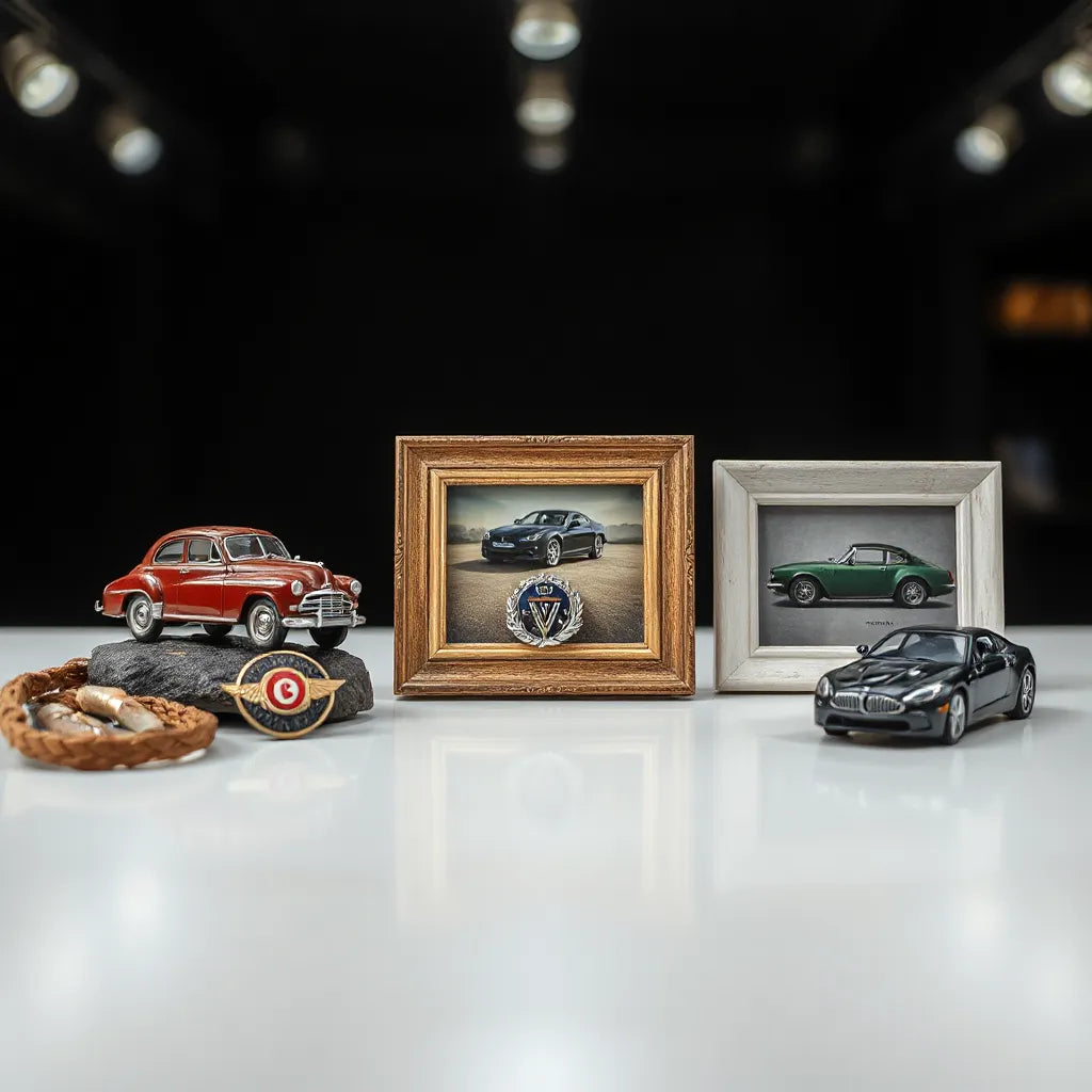 Neatly arranged classic and collectible car items on a display table under soft studio lighting