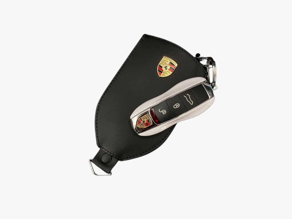 Porsche Leather Key Pouch: Black Cowhide with Metal Crest