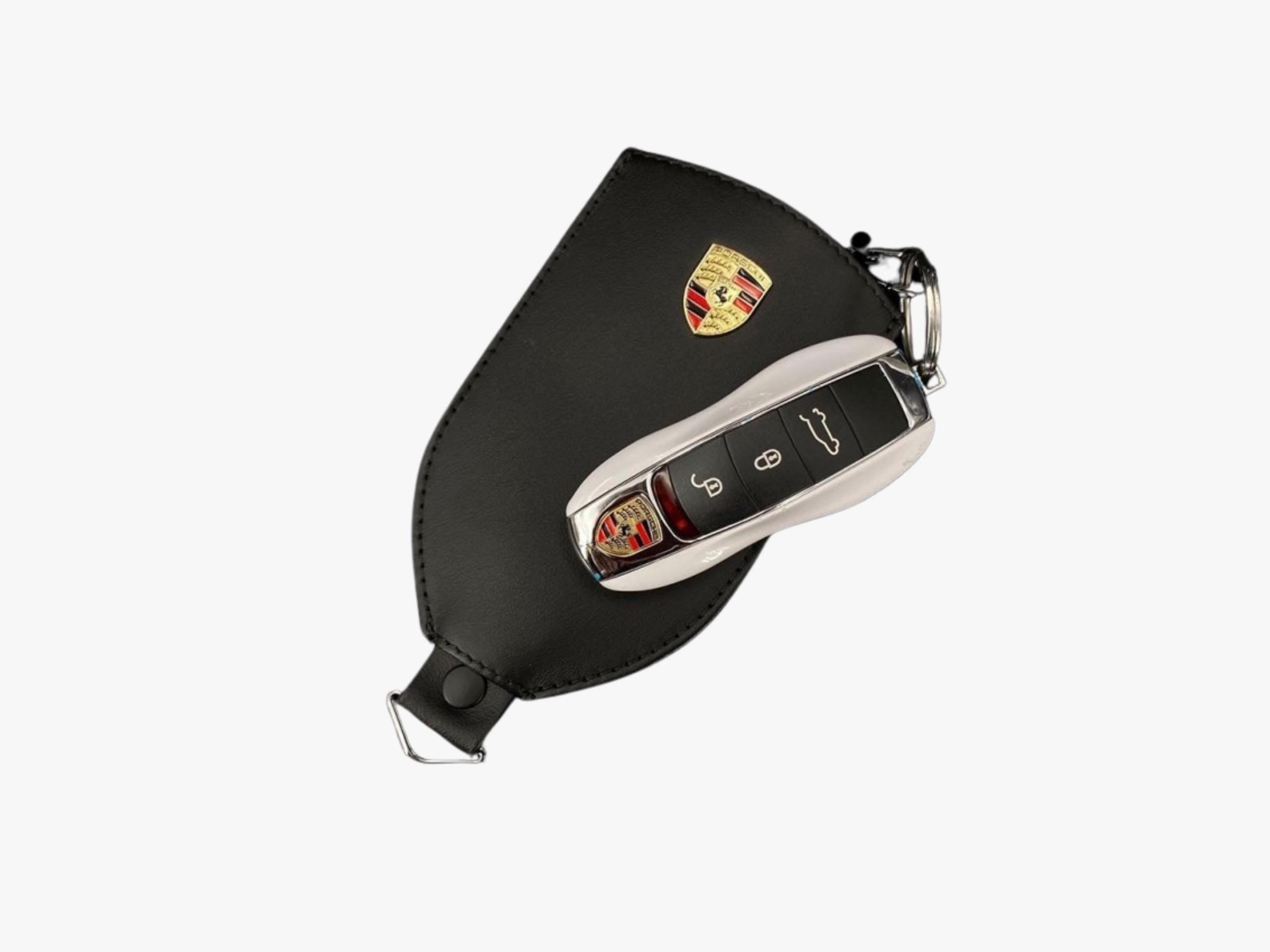 Porsche Leather Key Pouch: Black Cowhide with Metal Crest