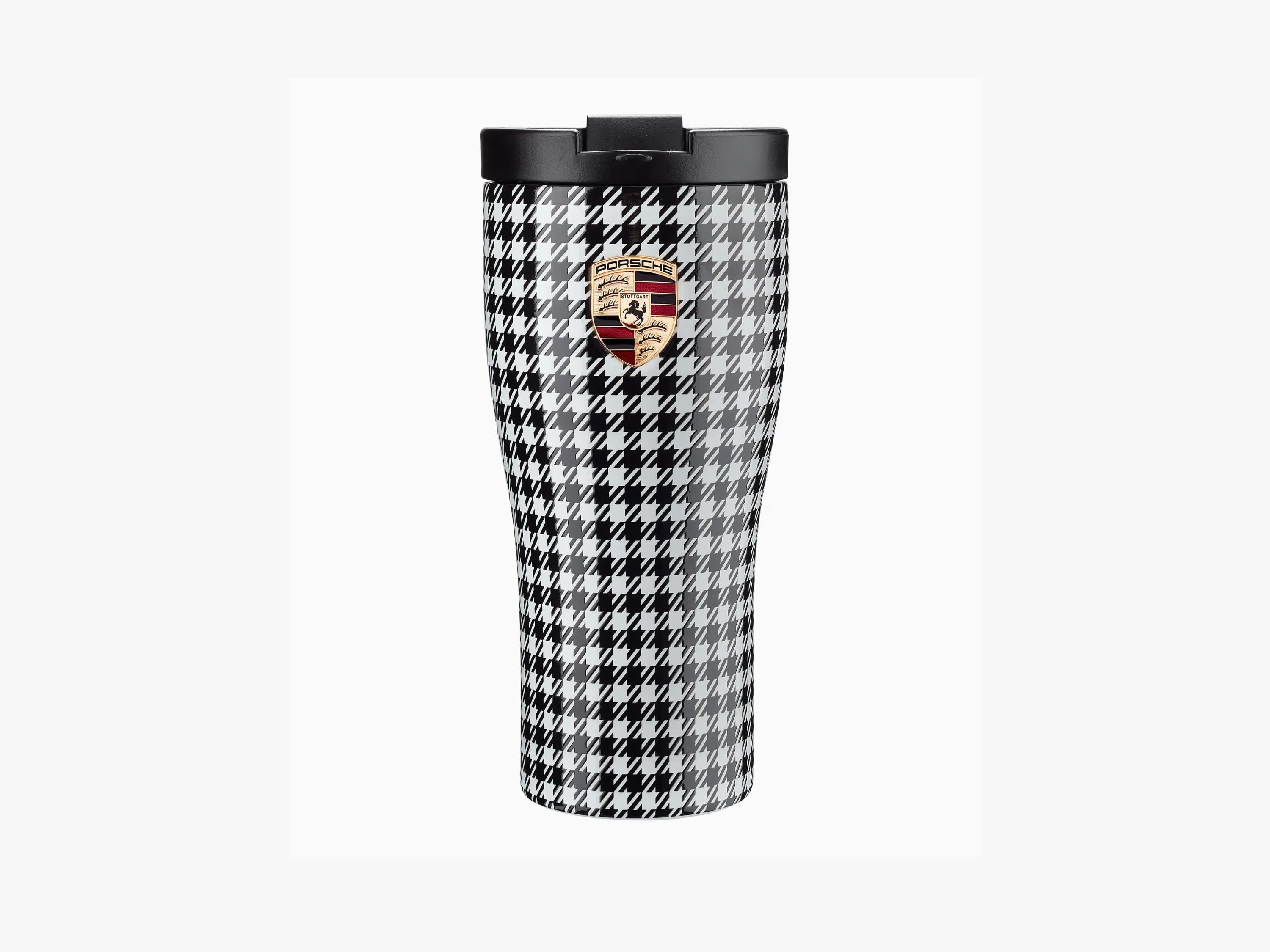 Porsche Thermos Mug: Pepita Houndstooth Design, Stainless Steel Travel Cup