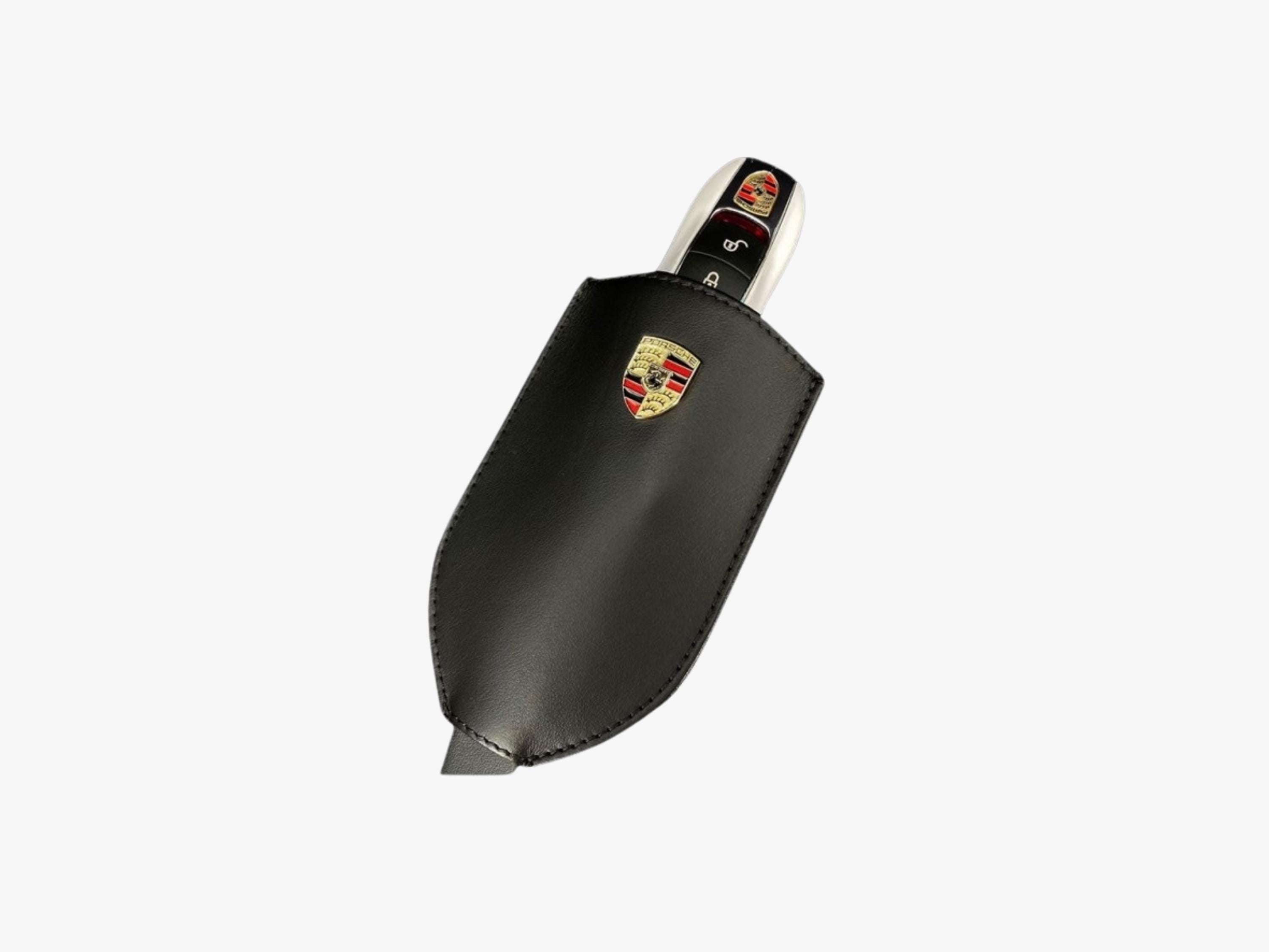 Porsche Leather Key Pouch: Black Cowhide with Metal Crest