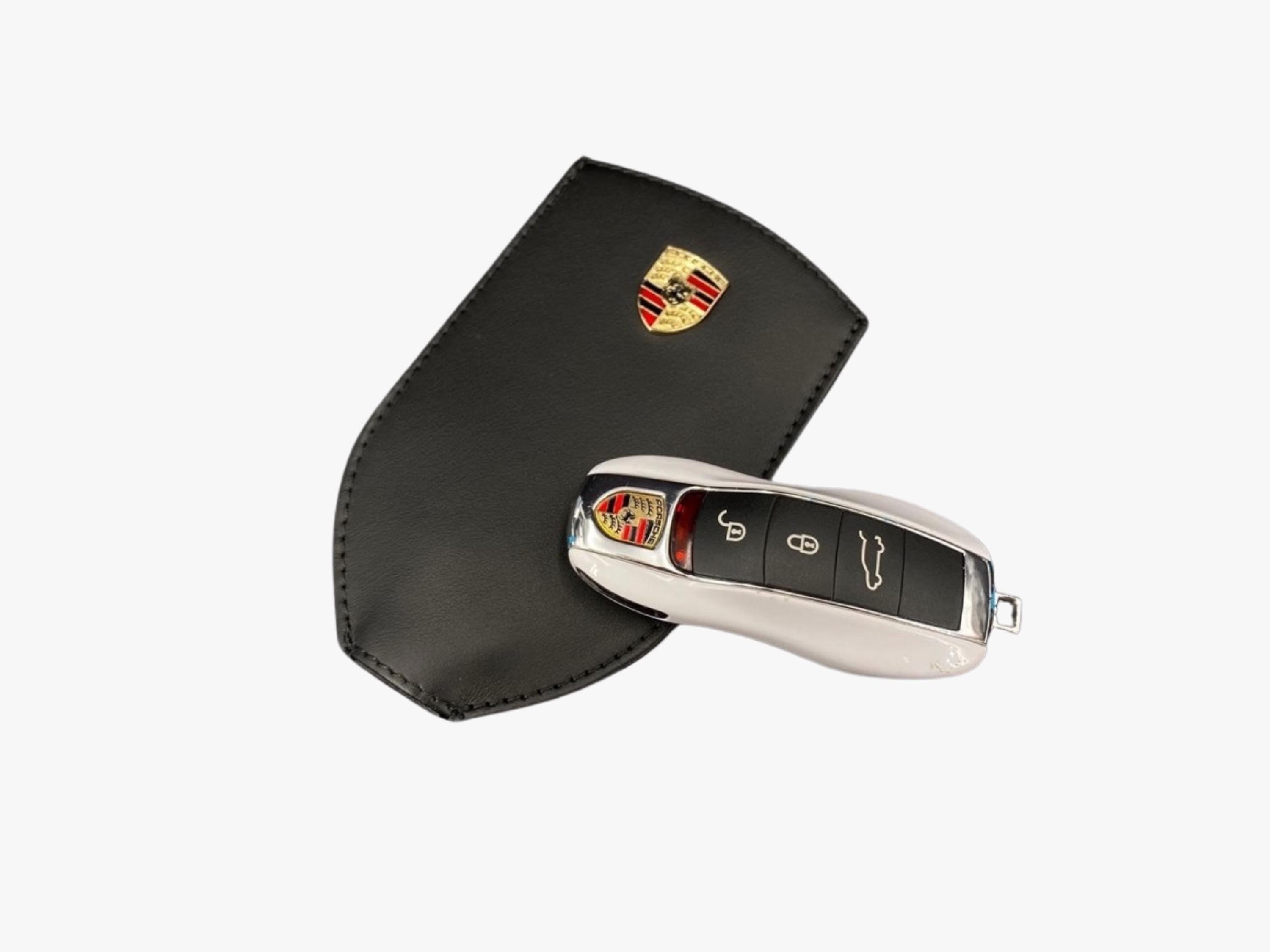 Porsche Leather Key Pouch: Black Cowhide with Metal Crest