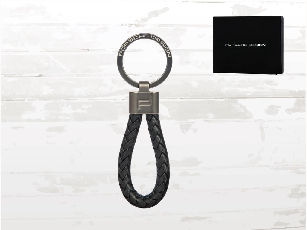Porsche Design Leather Keyring: Woven leather Black Cord, Gift Box