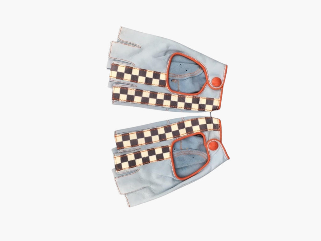 Racing Driving Gloves Fingerless Blue Orange | Checkered Flag | Italian Leather