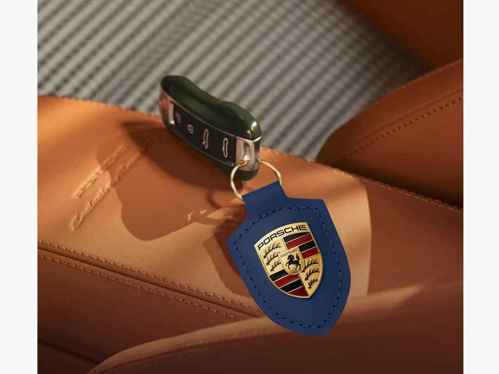 Porsche Key Ring: Blue Leather Strap, Gold Crest
