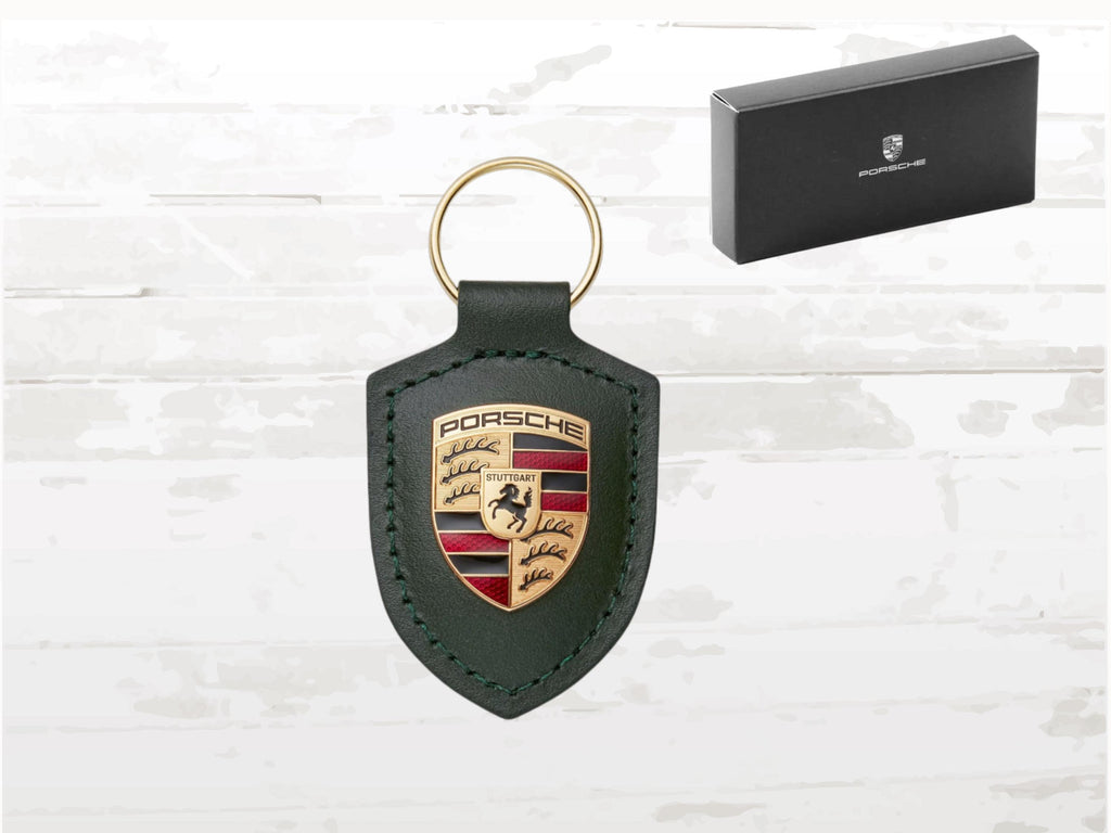 Porsche Oak Green Leather Keyring , Gold Crest Keychain