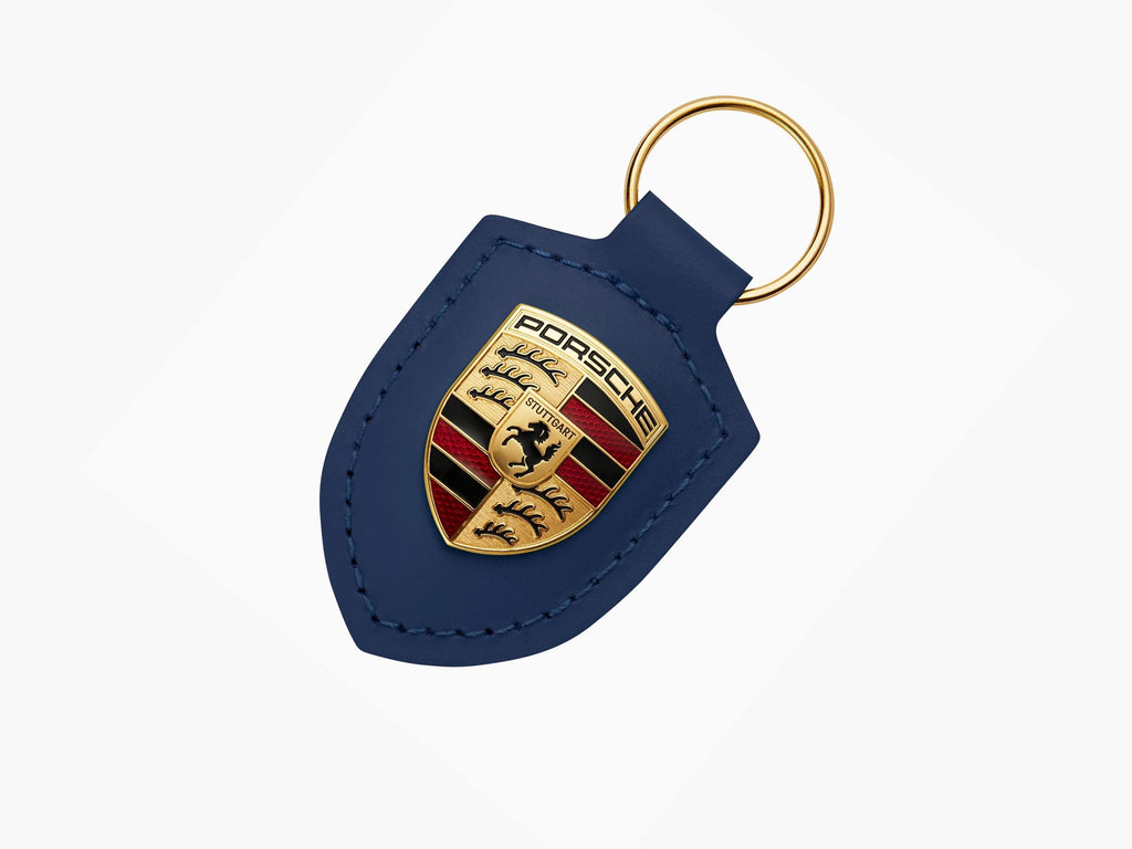 Porsche Key Ring: Blue Leather Strap, Gold Crest
