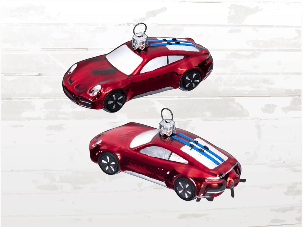 Porsche 911 Dakar Ornament: Hand-Painted Carmine Red Glass Bauble