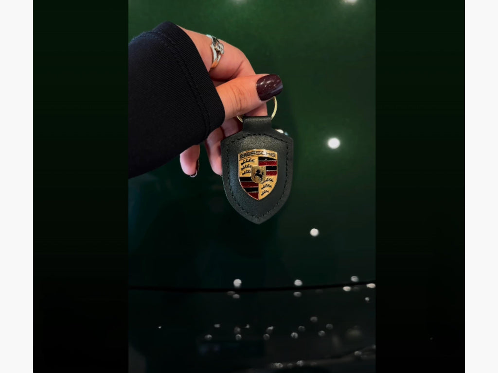 Porsche Oak Green Leather Keyring , Gold Crest Keychain