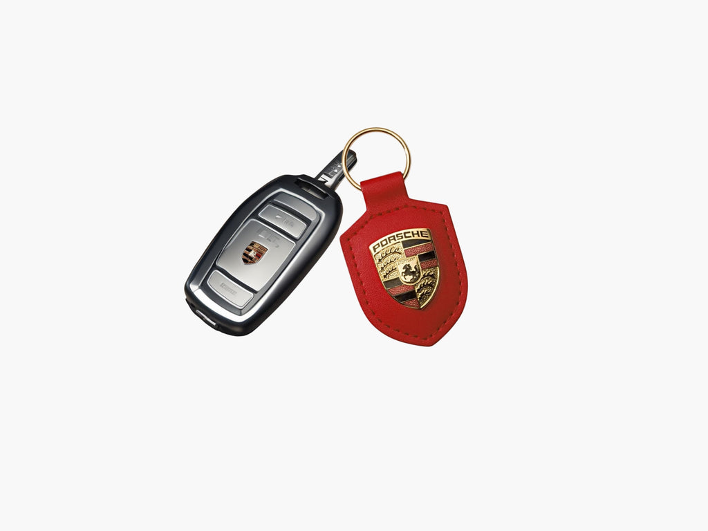 Porsche Red Leather Keyring | Gold Crest Keychain