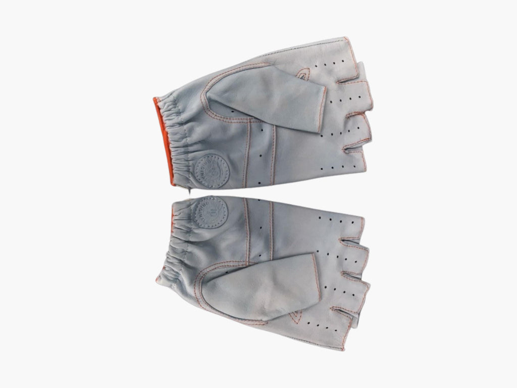 Racing Driving Gloves Fingerless Blue Orange | Checkered Flag | Italian Leather
