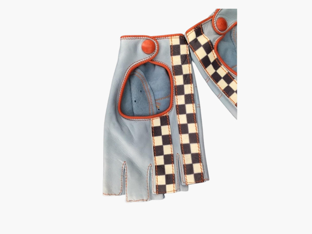Racing Driving Gloves Fingerless Blue Orange | Checkered Flag | Italian Leather