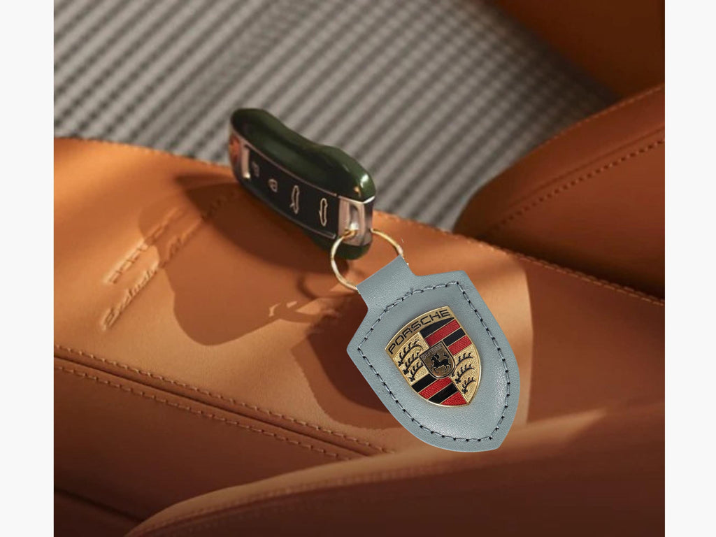 Porsche Crest Keyring Shade Green Leather | Metal Crest Keychain | Premium Gift