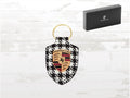 Porsche Crest Key Ring: Leather & Pepita Fabric, Brass Ring