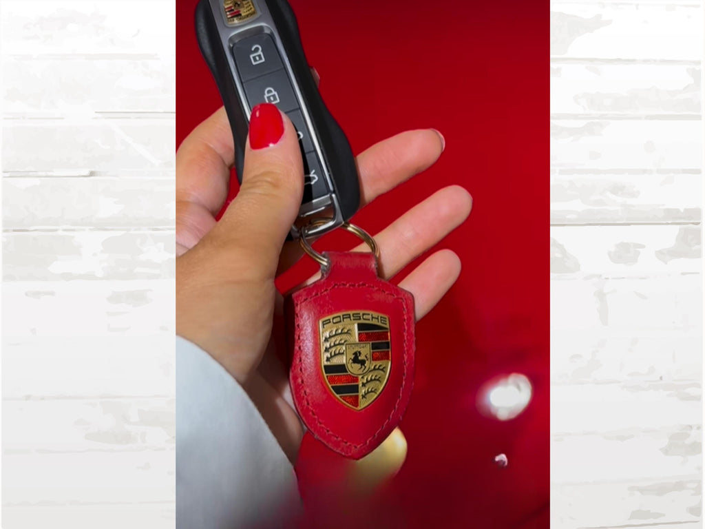 Porsche Red Leather Keyring | Gold Crest Keychain