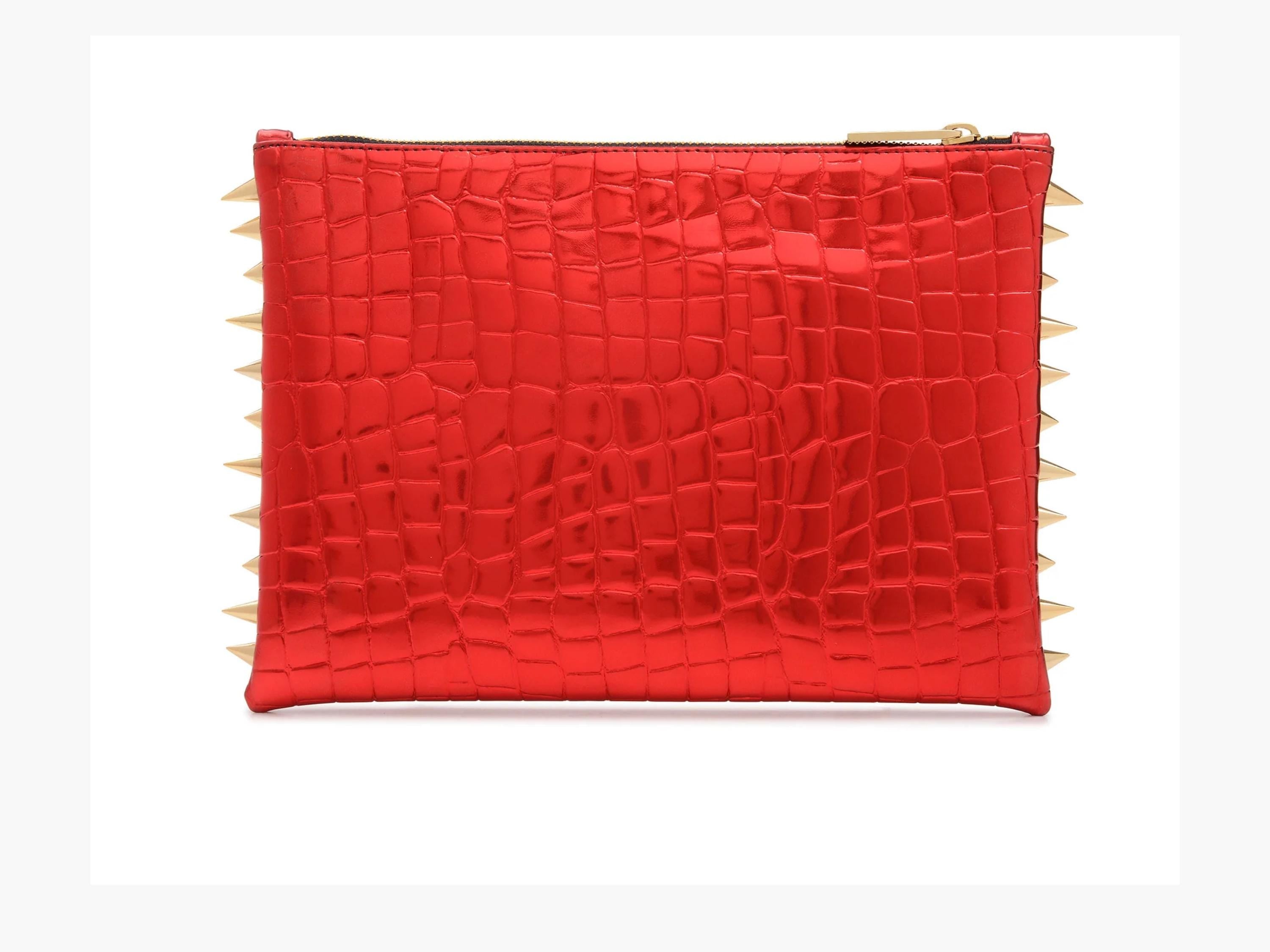 Red Croco Lame Clutch Bag: Vegan Leather with Gold Spikes