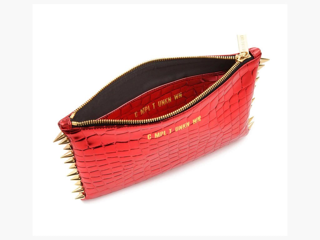 Red Croco Lame Clutch Bag: Vegan Leather with Gold Spikes