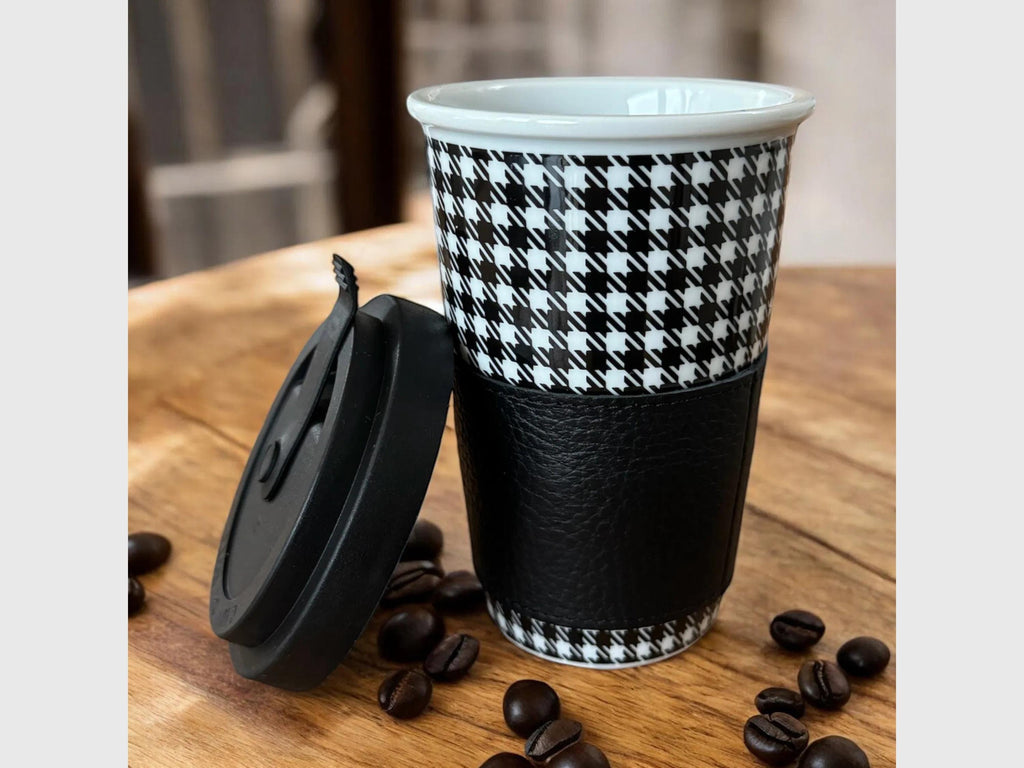 Porsche Pepita Travel Mug: Porcelain & Leather Coffee-to-go Cup