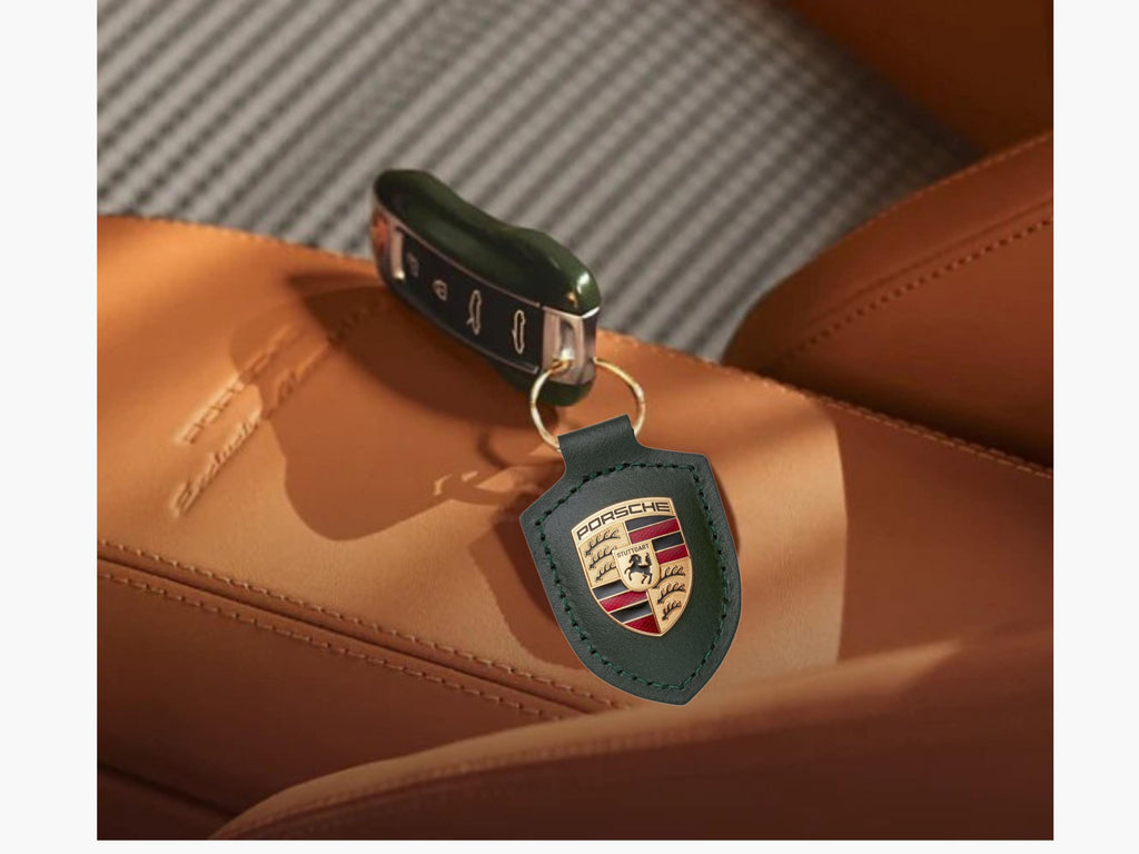 Porsche Oak Green Leather Keyring , Gold Crest Keychain