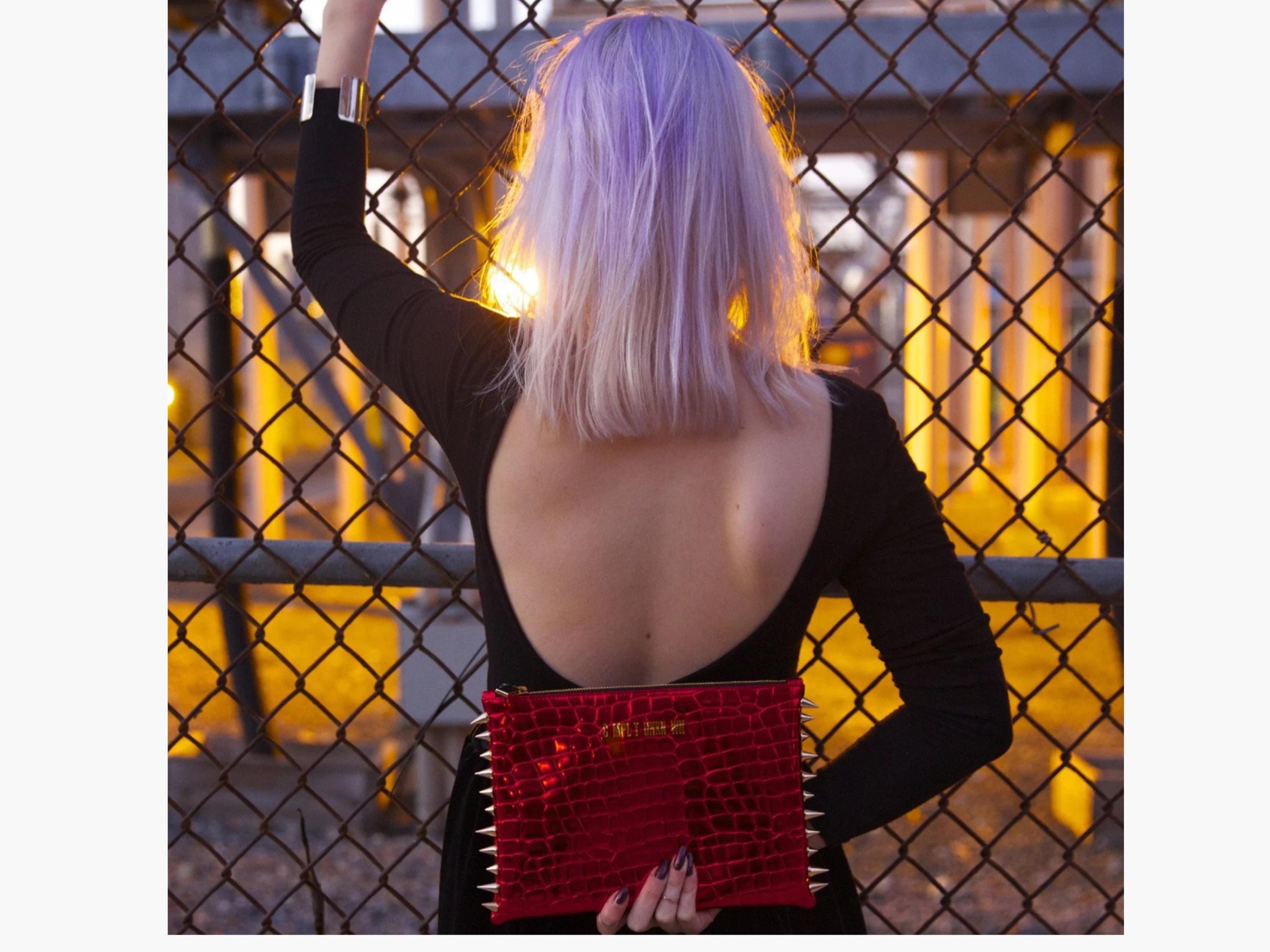 Red Croco Lame Clutch Bag: Vegan Leather with Gold Spikes