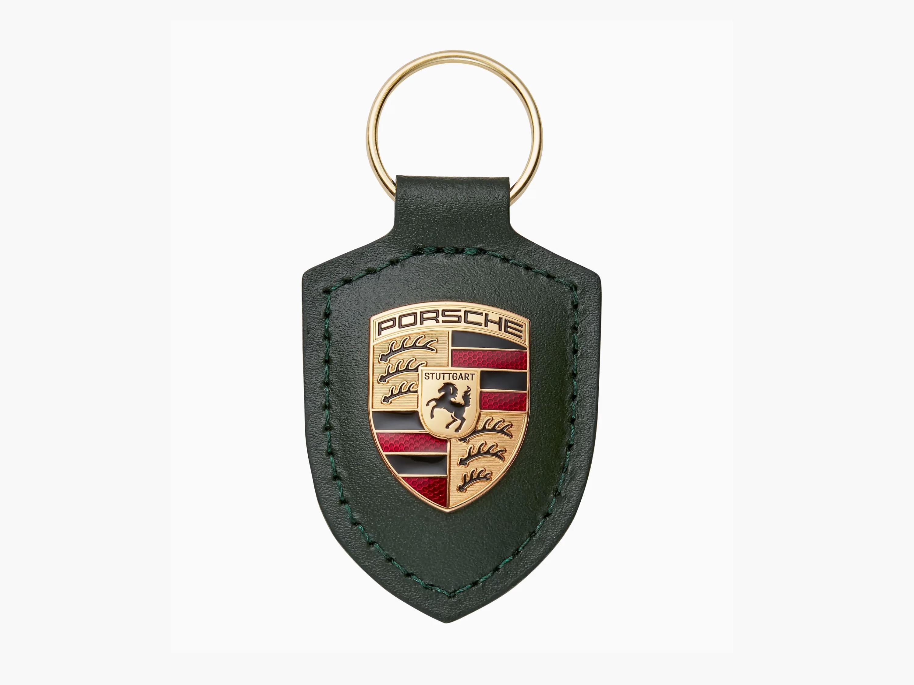 Oak Green Leather Porsche Key Ring: Gold Crest Car Lover Gift