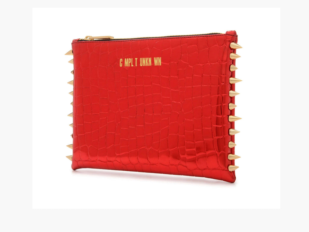 Red Croco Lame Clutch Bag: Vegan Leather with Gold Spikes