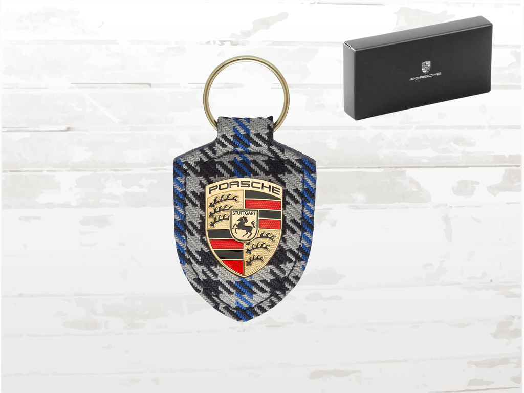 Porsche Pepita Blue Crest Keyring | Grey Leather | Made in Germany | Gift Boxed