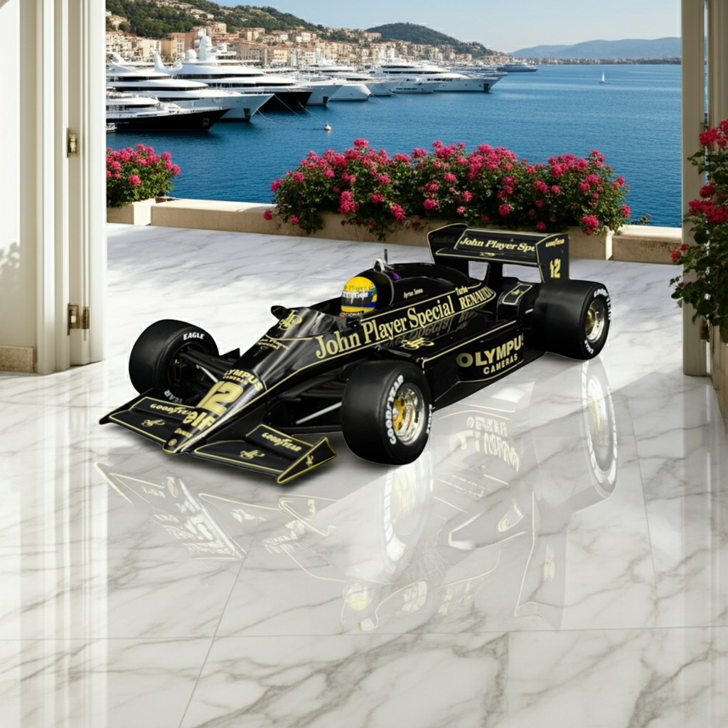 Ayrton Senna Lotus 97T Monaco 1985, 1:18 Scale Model, Black Gold JPS Livery, Opening Hood