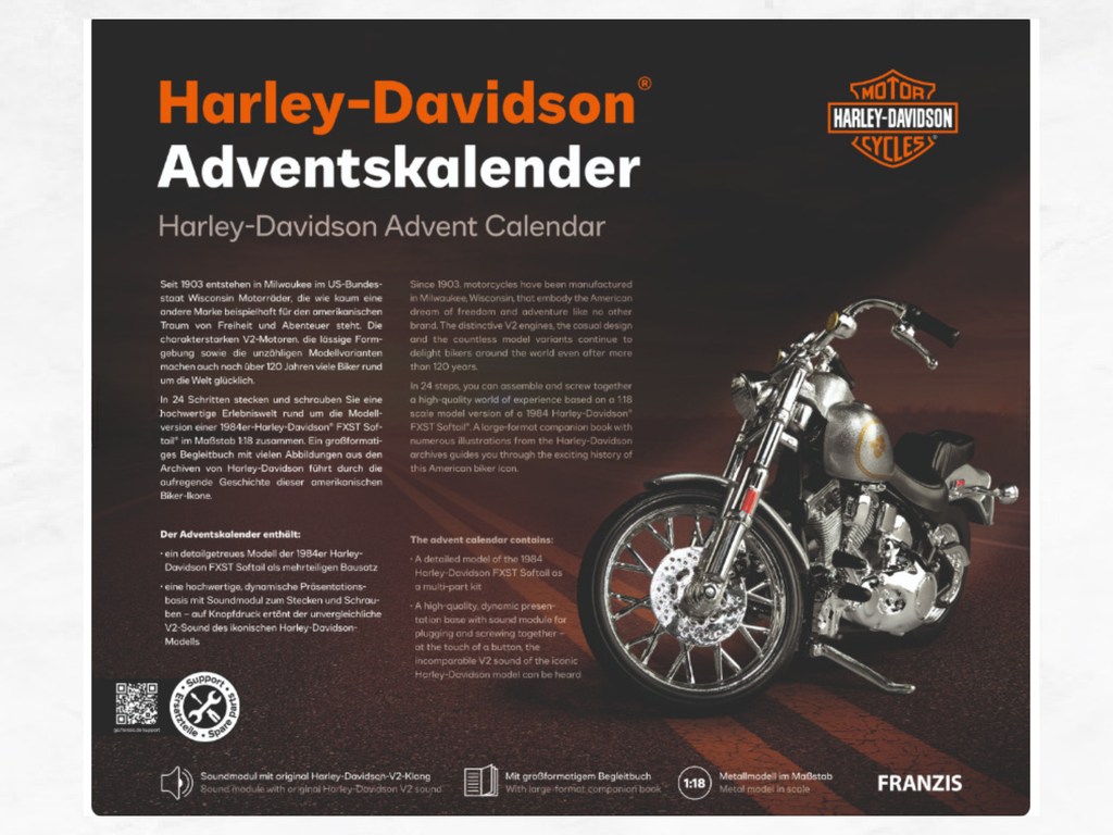 Harley-Davidson FXST Softail 1984 Advent Calendar | 1:18 Scale Model Kit with Sound | Franzis 67284