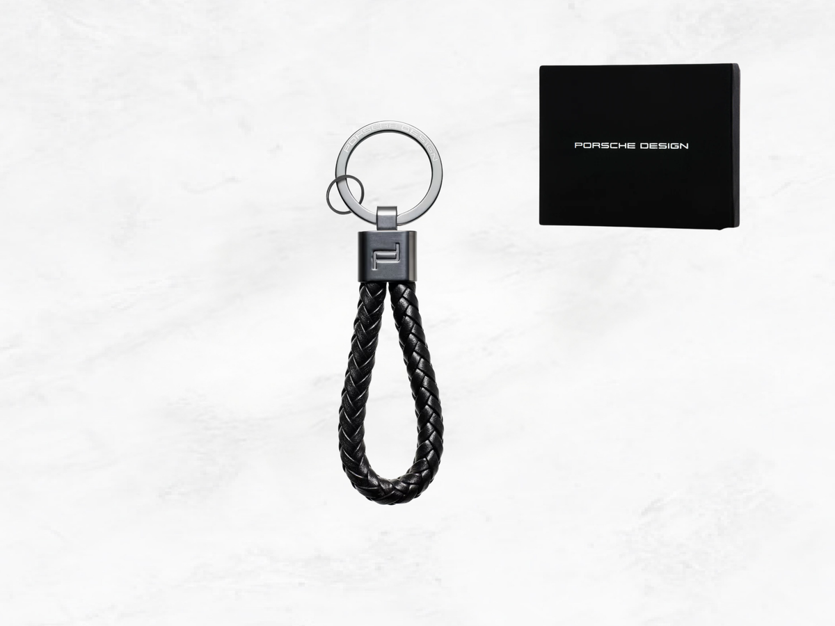 Porsche Design Leather Keyring: Woven leather Black Cord, Gift Box