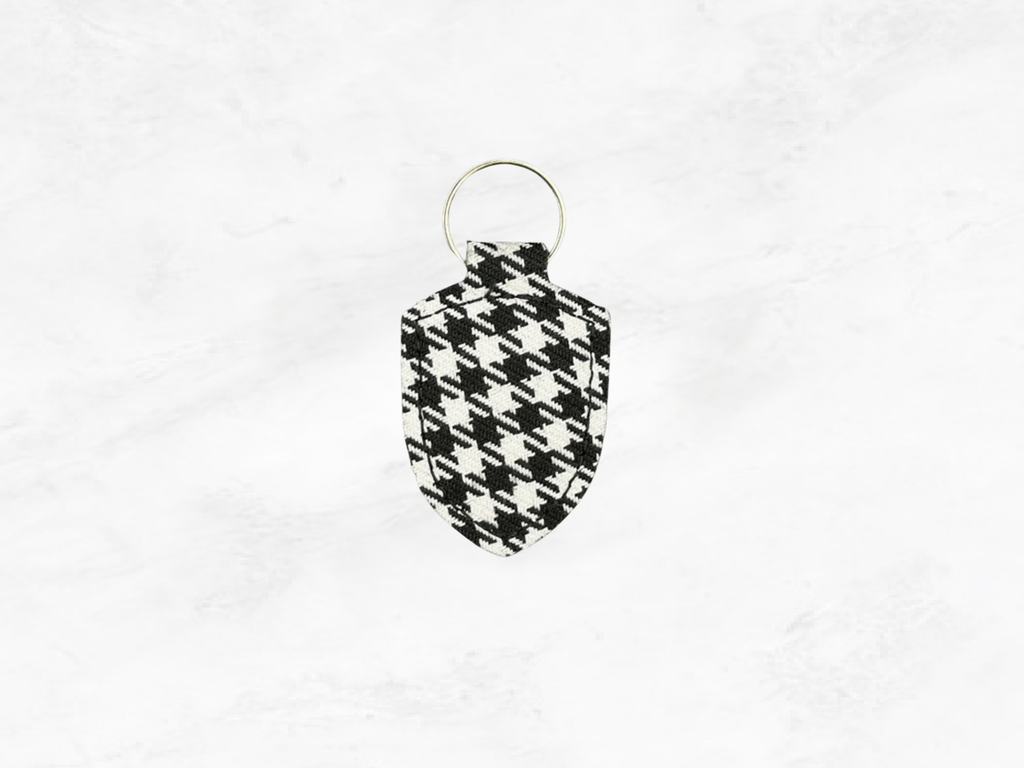 Porsche Crest Key Ring: Leather & Pepita Fabric, Brass Ring