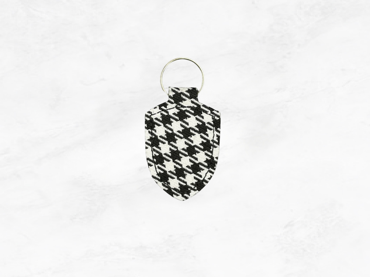Porsche Crest Key Ring: Leather & Pepita Fabric, Brass Ring