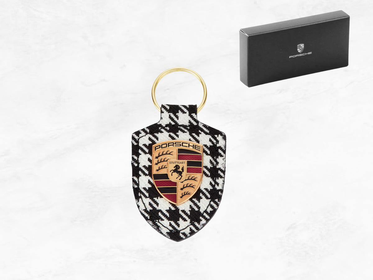 Porsche Crest Key Ring: Leather & Pepita Fabric, Brass Ring