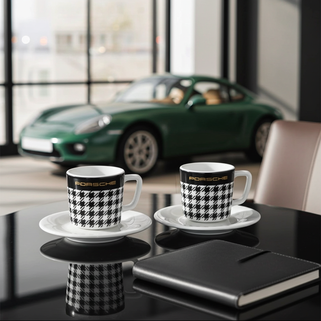Porsche Espresso Cups Pepita  (90ml, Set of 2) - WAP05015526PED Boxed, saucers