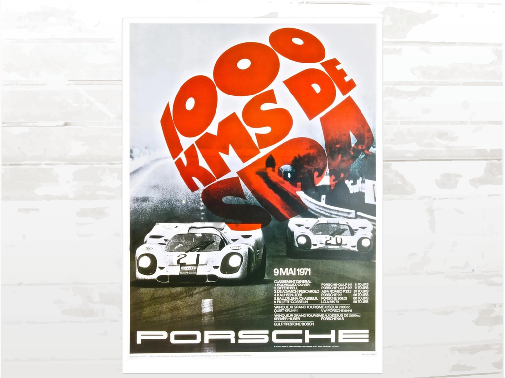 Porsche Poster, 1000 km SPA 1971 , Model 917 and 908 at 1000 km race, SPA circuit