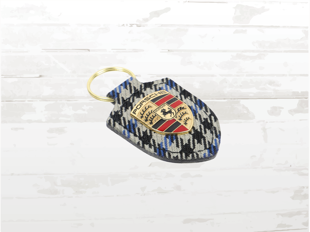 Porsche Pepita Blue Crest Keyring | Grey Leather | Made in Germany | Gift Boxed