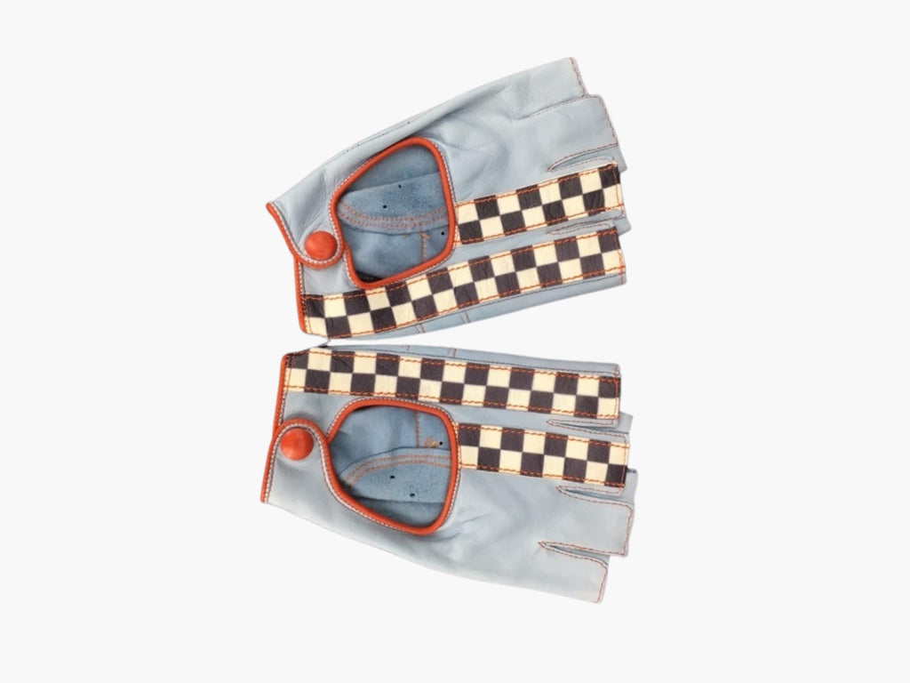 Racing Driving Gloves Fingerless Blue Orange | Checkered Flag | Italian Leather