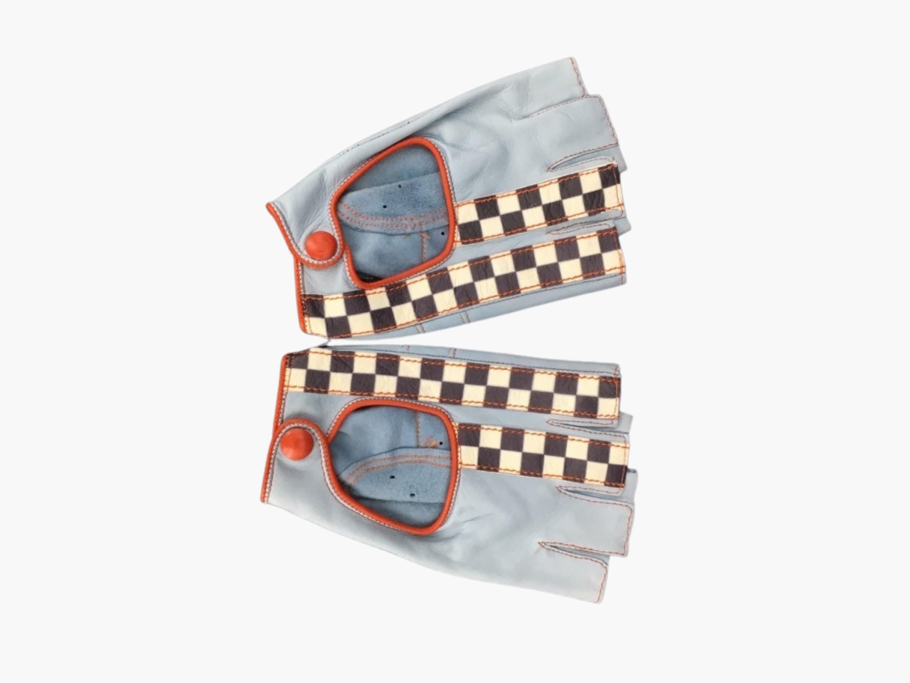 Racing Driving Gloves Fingerless Blue Orange | Checkered Flag | Italian Leather