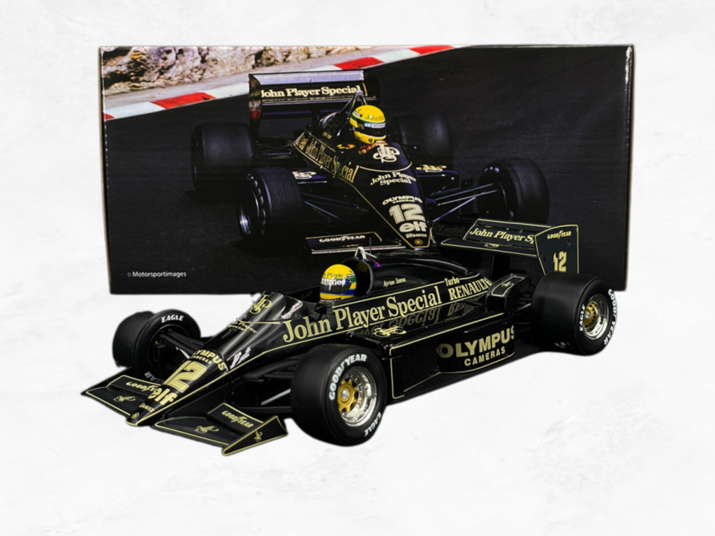Ayrton Senna Lotus 97T Monaco 1985, 1:18 Scale Model, Black Gold JPS Livery, Opening Hood