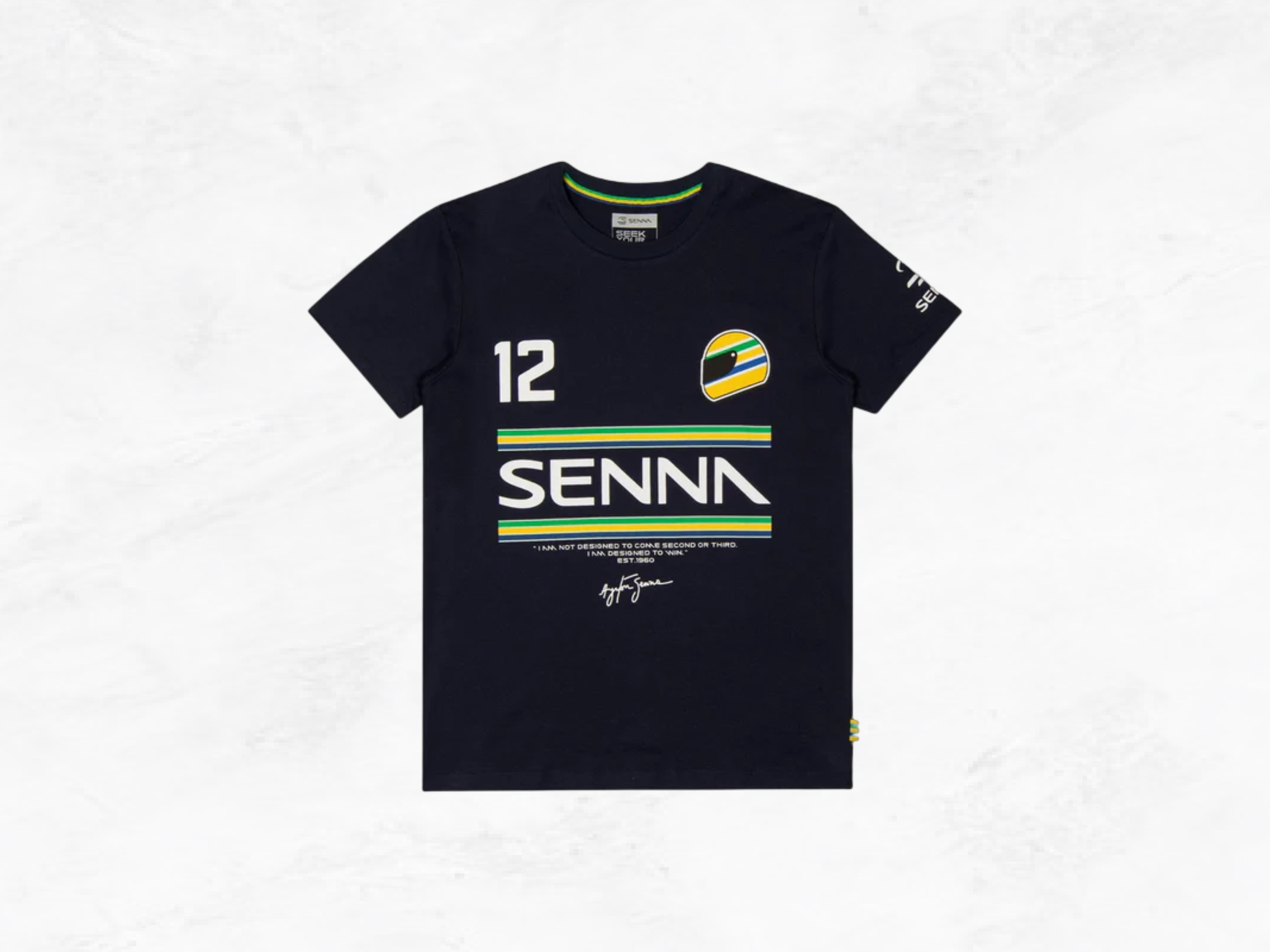 Ayrton Senna T-Shirt No.12 Navy, F1 Legend Signature, Formula 1 Collector Gift