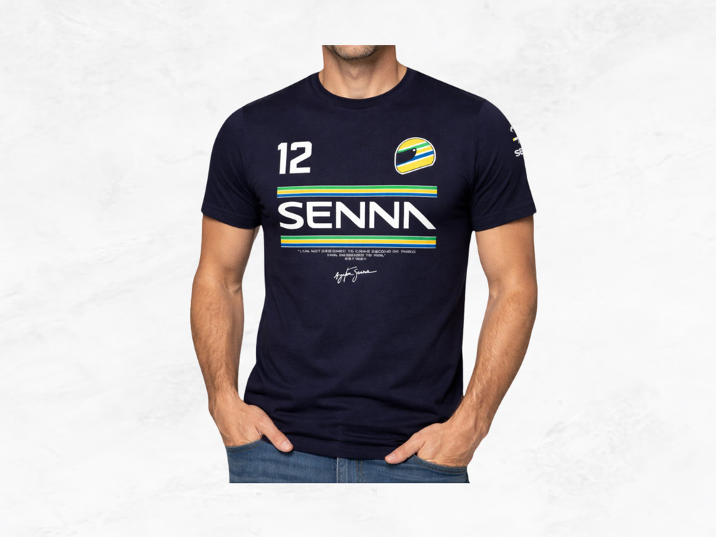 Ayrton Senna T-Shirt No.12 Navy, F1 Legend Signature, Formula 1 Collector Gift