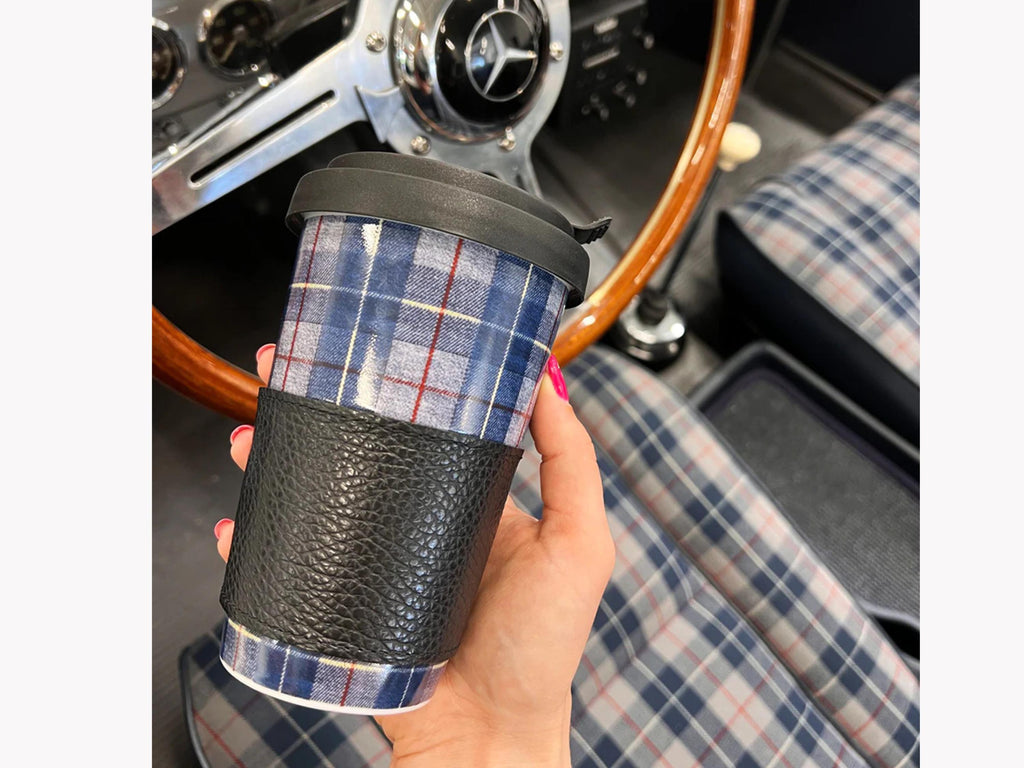 Porsche Blue Tartan Travel Mug: Retro 911-Inspired Coffee Cup