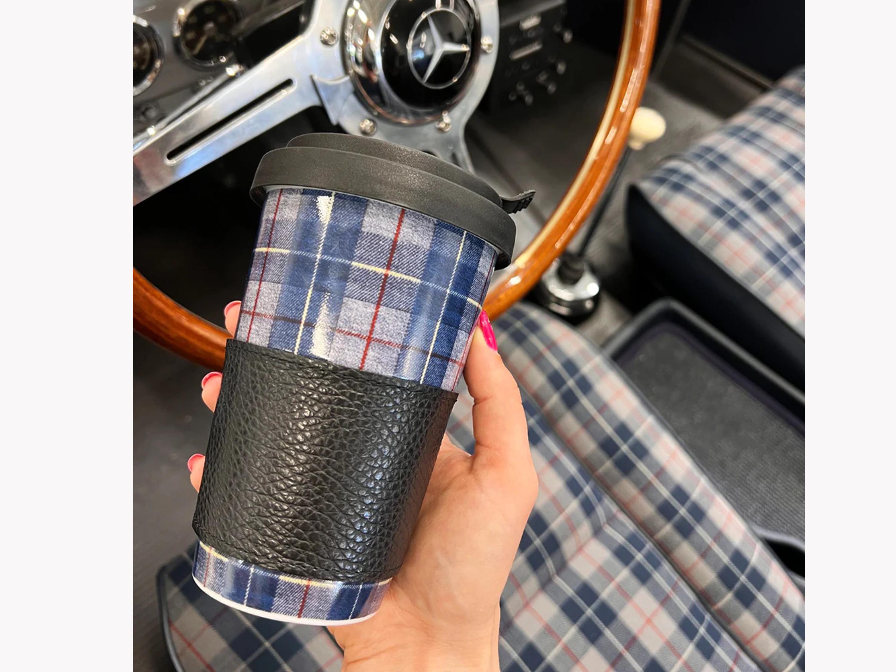 Porsche Blue Tartan Travel Mug: Retro 911-Inspired Coffee Cup