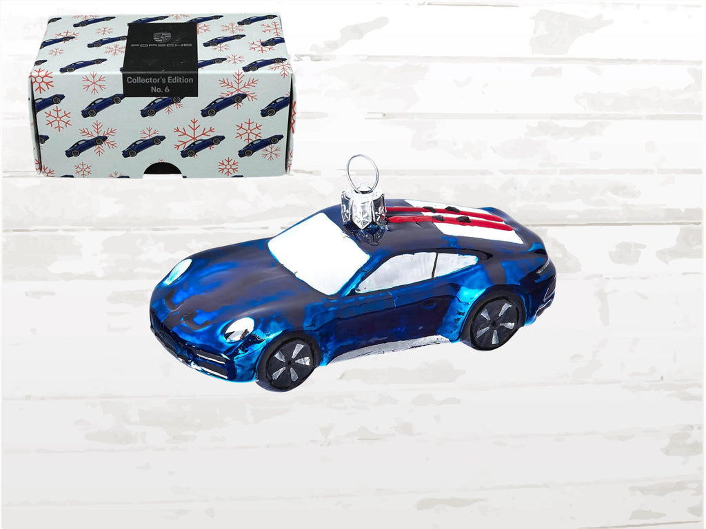 Porsche Christmas Bauble 911 Dakar With Skis | Gentian Blue Glass Ornament | Limited Edition 9000 | Hand-Painted Collector Decoration