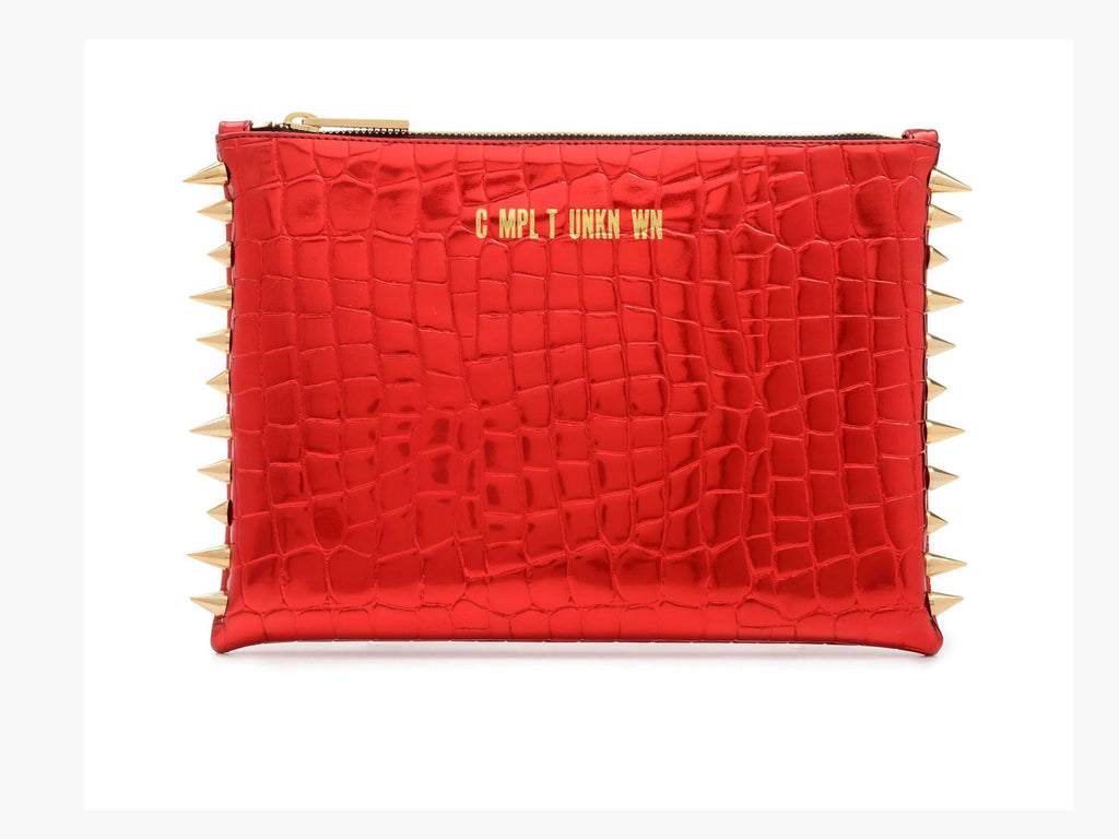 Red Croco Lame Clutch Bag: Vegan Leather with Gold Spikes