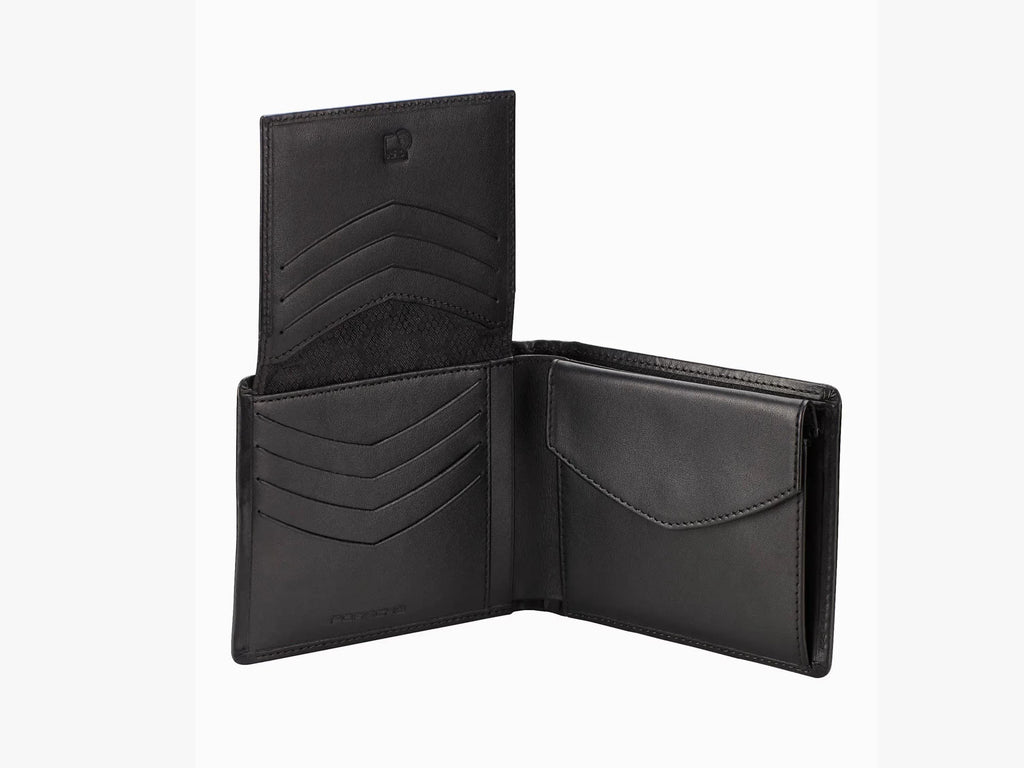 Porsche Men's Leather Wallet with Metal Crest – Premium Cowhide | 12 Card Slots, Zip Coin Pocket – Luxury